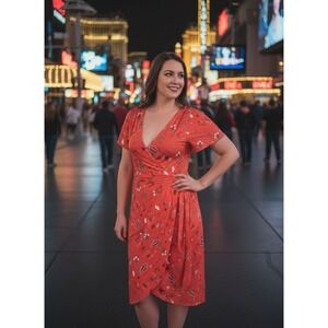 Lady Bop Red Las Vegas Themed Wrap Midi Dress Short Sleeve Size Medium